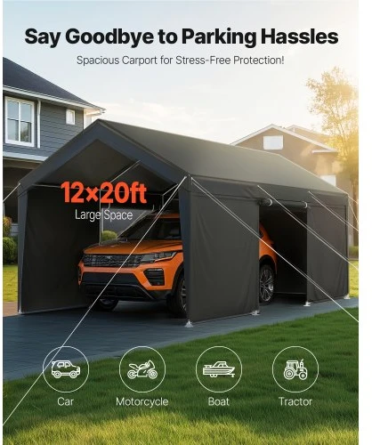 Koduva VEVOR carportas 12 x 20 FT, pilkas, su nuimamomis šoninėmis sienelėmis ir durimis