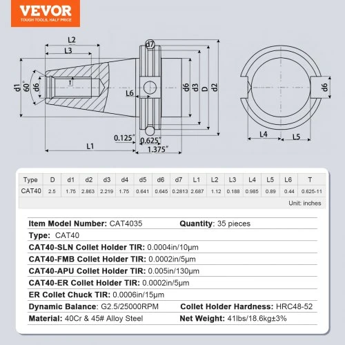 VEVOR CAT40 įvorės laikiklio ER 16/32 rinkinys, 35 vnt., su 10 traukimo kaiščių ir 3 veržliarakčiais