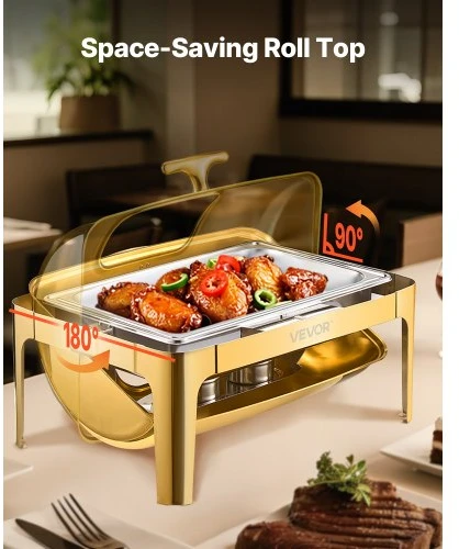 Koduva VEVOR chafingo indas „Roll Top“ bufetui, 9 Qt, nerūdijančio plieno, auksinės spalvos