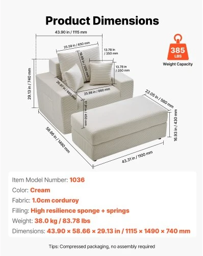 Sofa VEVOR Chaise lounge kėdė 111,5 cm, kreminė