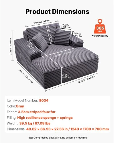 Sofa VEVOR Chaise lounge kėdė 1240 mm, pilka