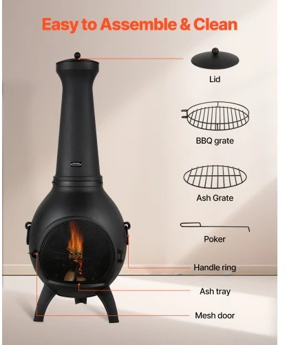 Koduva VEVOR chiminea, 22 col. lauko malkomis kūrenamas ugniakuras su kepsnine