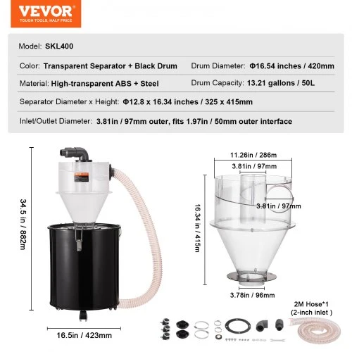 Koduva VEVOR cikloninis dulkių separatorius su metaline talpa, 4" retrofito komplektas, SKL400, 50 l