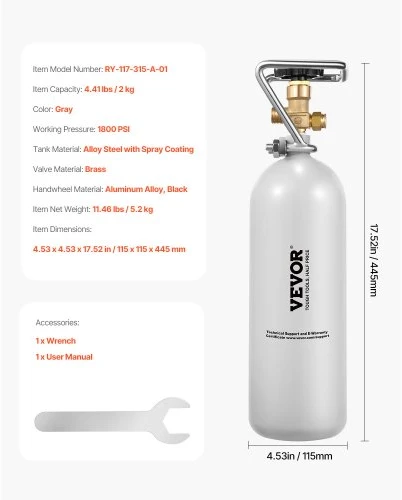 VEVOR CO2 balionas 4,41 lbs, aliuminio lydinio plienas, pilka danga, DIN477 vožtuvas