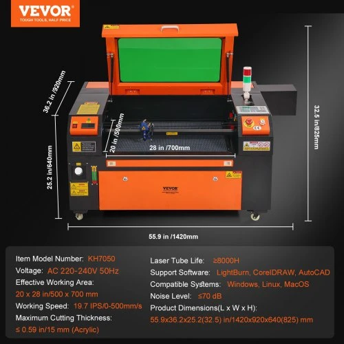 Koduva VEVOR CO2 lazerinio graviravimo mašina 80 W, 500 x 700 mm, iki 500 mm/s, su 2 krypčių oro pagalba, KH7050