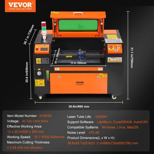 Koduva VEVOR CO2 lazerinio graviravimo staklės 50 W, 30 x 51 cm, iki 500 mm/s, su 2 krypčių oro pagalba, KH5030
