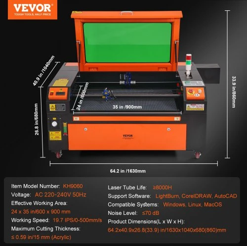 Koduva VEVOR CO2 lazerinis graviravimo aparatas 100 W, 600 x 900 mm, iki 500 mm/s, modelis KH9060