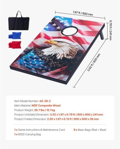 VEVOR Cornhole rinkinys, 3 x 2 pėdų, MDF, 8 maišeliai, nešiojimo dėklas