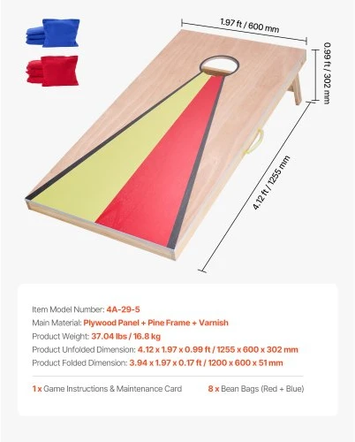VEVOR „Cornhole“ rinkinys, 4 x 2 ft medinės lentos, 8 maišeliai ir rankena