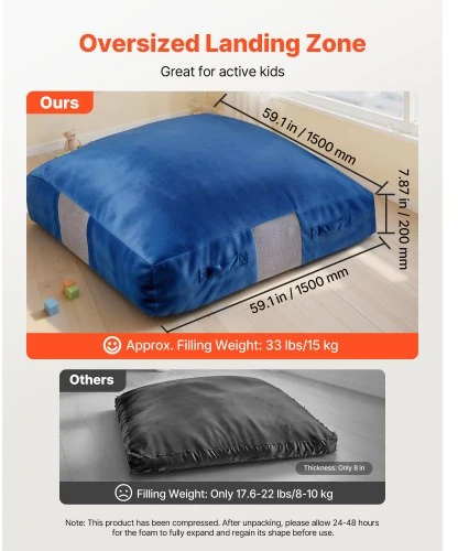 VEVOR Crash pad vaikams, 1500 x 1500 mm, su putų blokais ir plaunamu užvalkalu