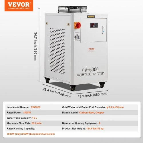 Koduva VEVOR CW6000 pramoninis vandens aušintuvas, 1500 W, 15 l, 65 l/min