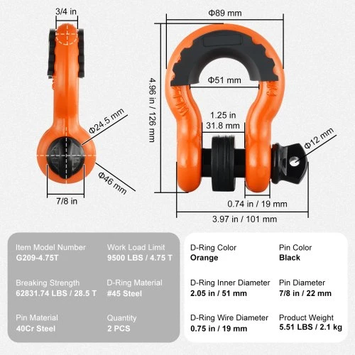 VEVOR D formos grandinės apkaba, 2 vnt., 19 mm, su 22,2 mm sriegiuotu kaiščiu, 28,5 t