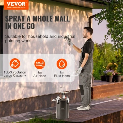 Koduva VEVOR dažų slėgio bakas, 15 l, 60 psi, plieno, su purškimo pistoletu