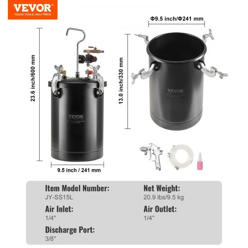 Koduva VEVOR dažų slėgio bakas, 15 l, 60 psi, plieno, su purškimo pistoletu