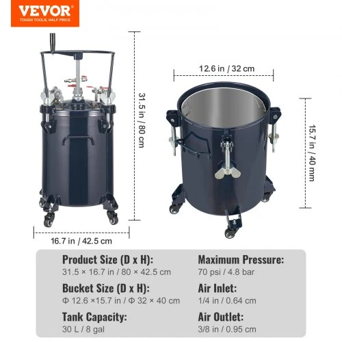 Koduva VEVOR dažų slėgio bakas, 30 l, su rankiniu maišytuvu, 70 PSI, JY-SD30L