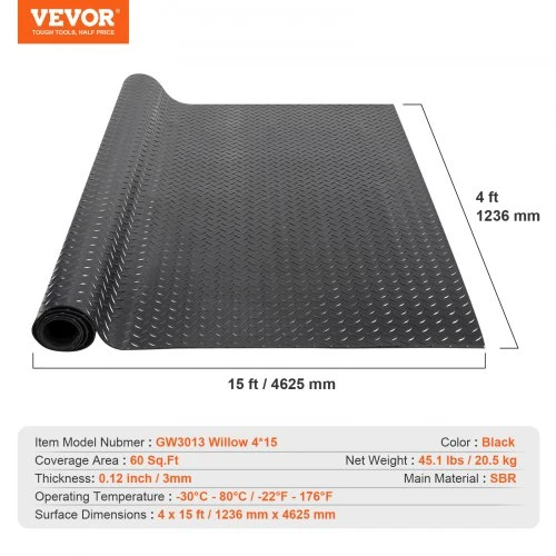 VEVOR Deimantinio rašto guminis garažo grindų rulonas, 3 mm x 4 ft x 15 ft, juodas