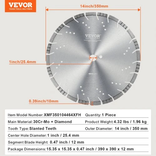 Koduva VEVOR deimantinis pjovimo diskas, 350 mm, 25,4 mm anga, betonui ir plytelėms