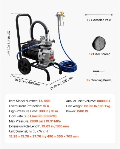 VEVOR Diafragminis airless dažų purkštuvas TA-990, 1500 W, 2800 psi