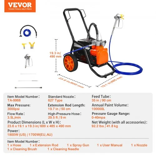 Koduva VEVOR diafragminis beorinis dažų purkštuvas, 1700 W, 3000 psi, su prailginimo strypu