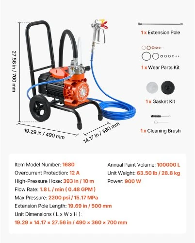VEVOR Diafragminis beorio dažų purkštuvas, 900 W, 2200 psi, su prailginimo kotu