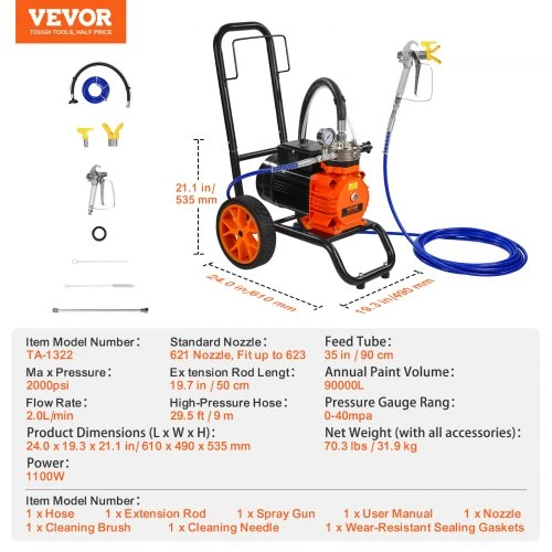 Koduva VEVOR diafragminis beoris dažų purkštuvas, 1100 W, 2000 psi, su prailginimo strypu
