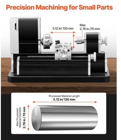 Koduva VEVOR didaktinis mini metalo tekinimo staklių staklės, 70 x 130 mm, 36 W, 20 000 aps./min., 3 žandų griebtuvas