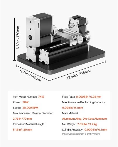 Koduva VEVOR didaktinis mini metalo tekinimo staklių staklės, 70 x 130 mm, 36 W, 20 000 aps./min., 3 žandų griebtuvas