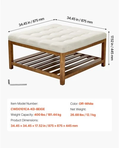 Sofa VEVOR Didelė kvadratinė pakoja–žurnalinis staliukas, 87,5 cm, su lentyna, šviesiai smėlio