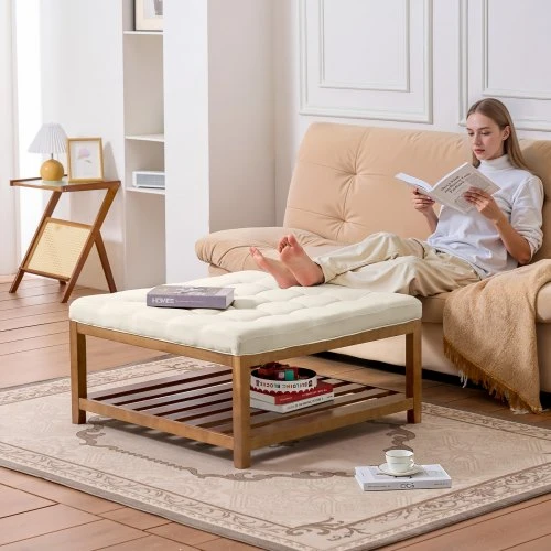 Sofa VEVOR Didelė kvadratinė pakoja–žurnalinis staliukas, 87,5 cm, su lentyna, šviesiai smėlio