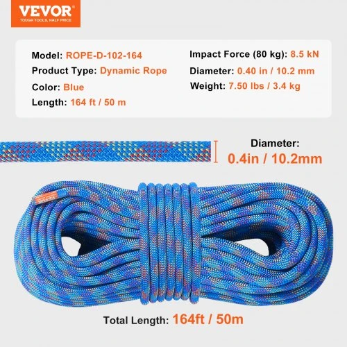 VEVOR Dinaminė alpinizmo virvė, 10,2 mm, 50 m, mėlyna, su plieniniais karabinais