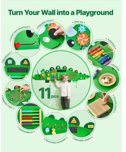 VEVOR Dinozaurų veiklos sieninė lenta, 11 veiklų, Montessori sensorinis žaislas vaikams 3–12 m.