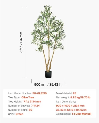VEVOR Dirbtinė alyvmedžio medelis, 210 cm, su juodu vazonu