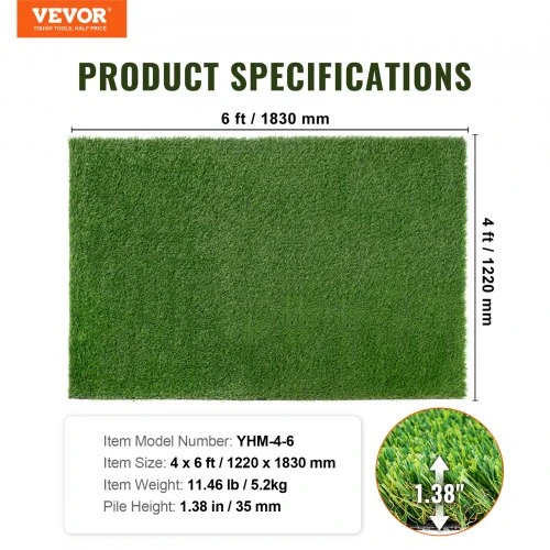 VEVOR Dirbtinė žolė, 1,2 x 1,8 m, 35 mm, žalia
