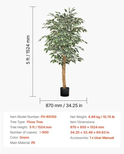 VEVOR Dirbtinis fikusas 150 cm, su juodu vazonu, žalios spalvos