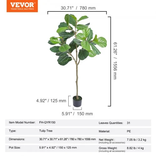 VEVOR Dirbtinis fikuso lapų figmedis, 5 FT, PE medžiaga, apsauga nuo pasvirimo