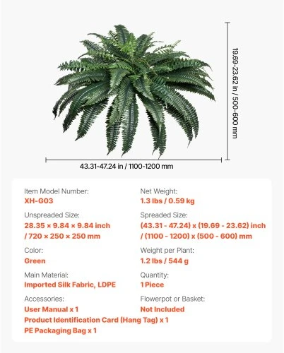 VEVOR Dirbtinis papartis, 1219 mm, 88 lapai, žalios spalvos