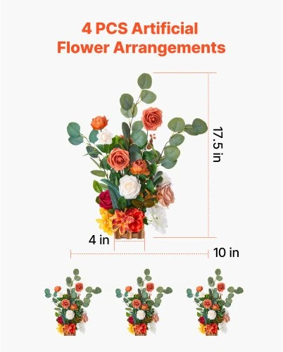 VEVOR Dirbtinių gėlių kompozicijos ant stovo, 4 vnt., 450 mm, oranžinės