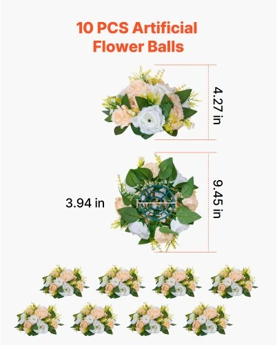 Koduva VEVOR dirbtinių gėlių rutuliai centrepiece, 10 vnt., 240 mm, šampano ir baltos rožės