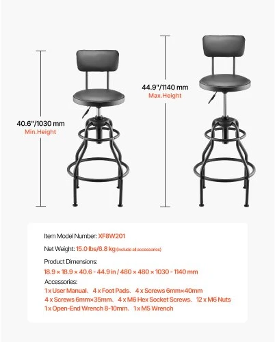 VEVOR Dirbtuvių taburetė su atlošu, pneumatinė, 300 lbs, reguliuojamo aukščio, 360° pasukama, juoda