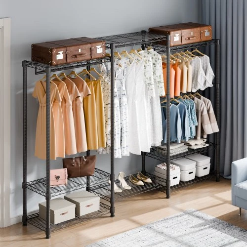 Koduva VEVOR drabužių stovas YC0003, su ratukais, 4 kabinimo strypai ir 8 lentynos, 1740 x 450 x 1800 mm, juodas