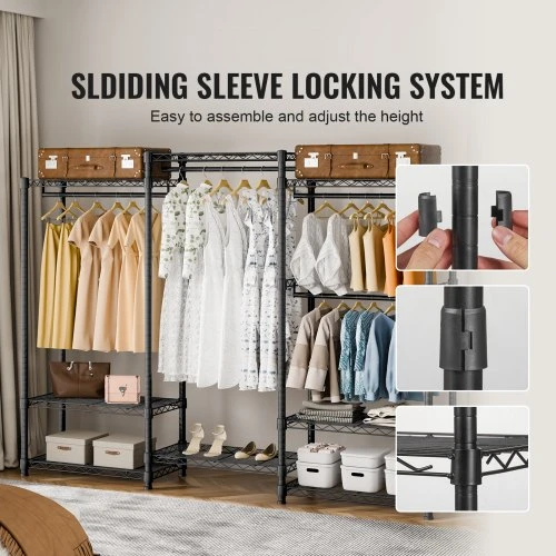 Koduva VEVOR drabužių stovas YC0003, su ratukais, 4 kabinimo strypai ir 8 lentynos, 1740 x 450 x 1800 mm, juodas