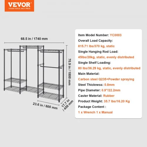Koduva VEVOR drabužių stovas YC0003, su ratukais, 4 kabinimo strypai ir 8 lentynos, 1740 x 450 x 1800 mm, juodas