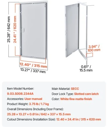 VEVOR Drywall prieigos panelė, 64x34 cm, cinkuotas plienas, balta, su varžtiniu užraktu, 32x62 cm angai