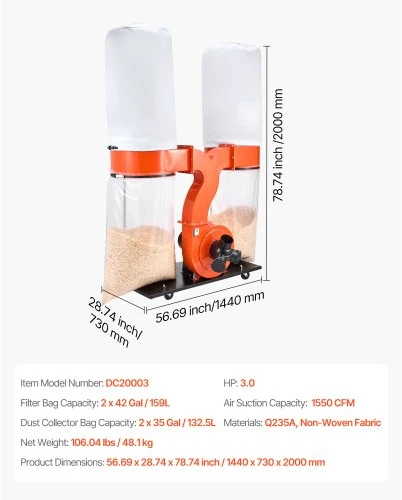 VEVOR Dulkių surinktuvas, 1550 CFM, 3,0 AG, 2,5 mikrono, su 2 maišais po 132,5 L ir 2 filtrų maišais po 159 L