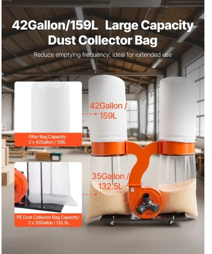 VEVOR Dulkių surinktuvas, 1550 CFM, 3,0 AG, 2,5 mikrono, su 2 maišais po 132,5 L ir 2 filtrų maišais po 159 L