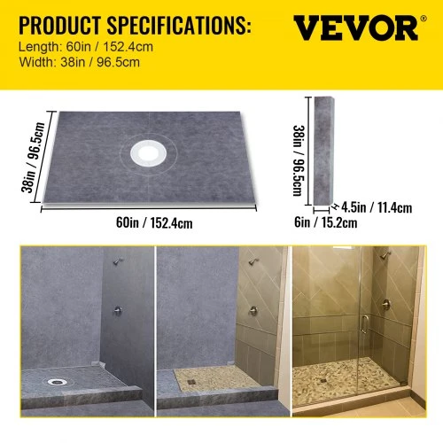 VEVOR Dušo bortelio rinkinys 38" x 60" su 4" PVC centrine sujungimo flanšu ir 4" nerūdijančio plieno grotelėmis