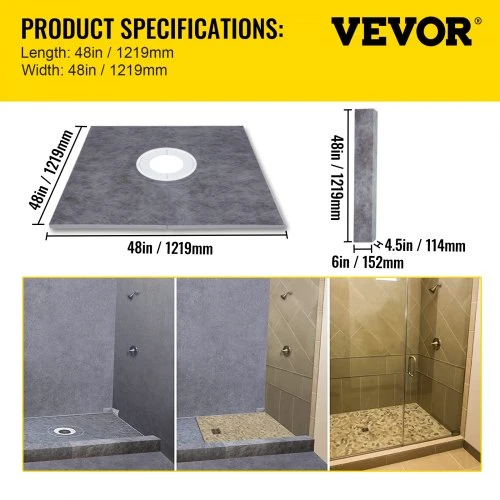 VEVOR Dušo bortelio rinkinys, 48" x 48", sandarus su centrine PVC jungiamojo flanšo dalimi ir 4" nerūdijančio plieno grotelėmis