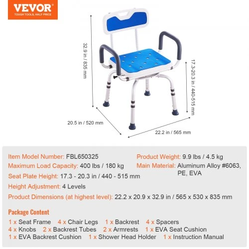 VEVOR Dušo kėdė su pasukama sėdyne 360°, reguliuojama, su porankiais ir atlošu, 180 kg