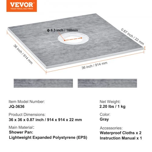 VEVOR Dušo pado rinkinys, 914 x 914 mm, su centrine 160 mm nuotaka, EPS