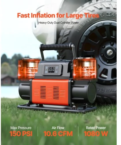 Koduva VEVOR dviejų cilindrų galingas oro kompresorius, 300 l/min, 12V, 150 PSI, nešiojamas